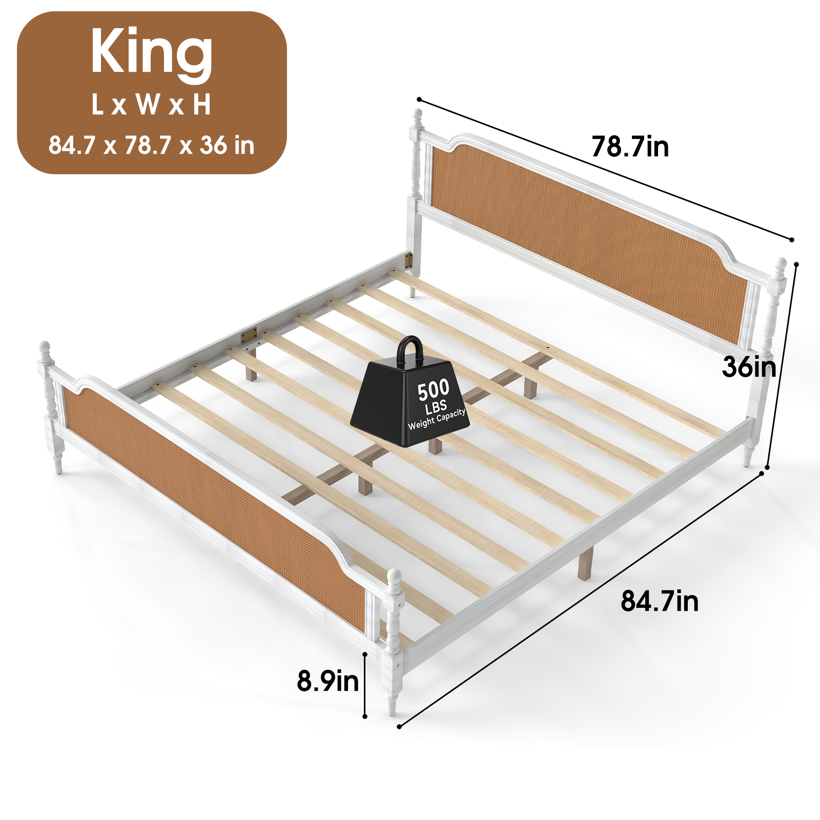 Rattan Queen Bed Frame,King Size Platform Bed Frame with Natural Headboard and Footboard, Boho and Mid Century Style, Solid Pine Wood,No Box Spring Needed, Easy Assembly, Antique White - Image 2