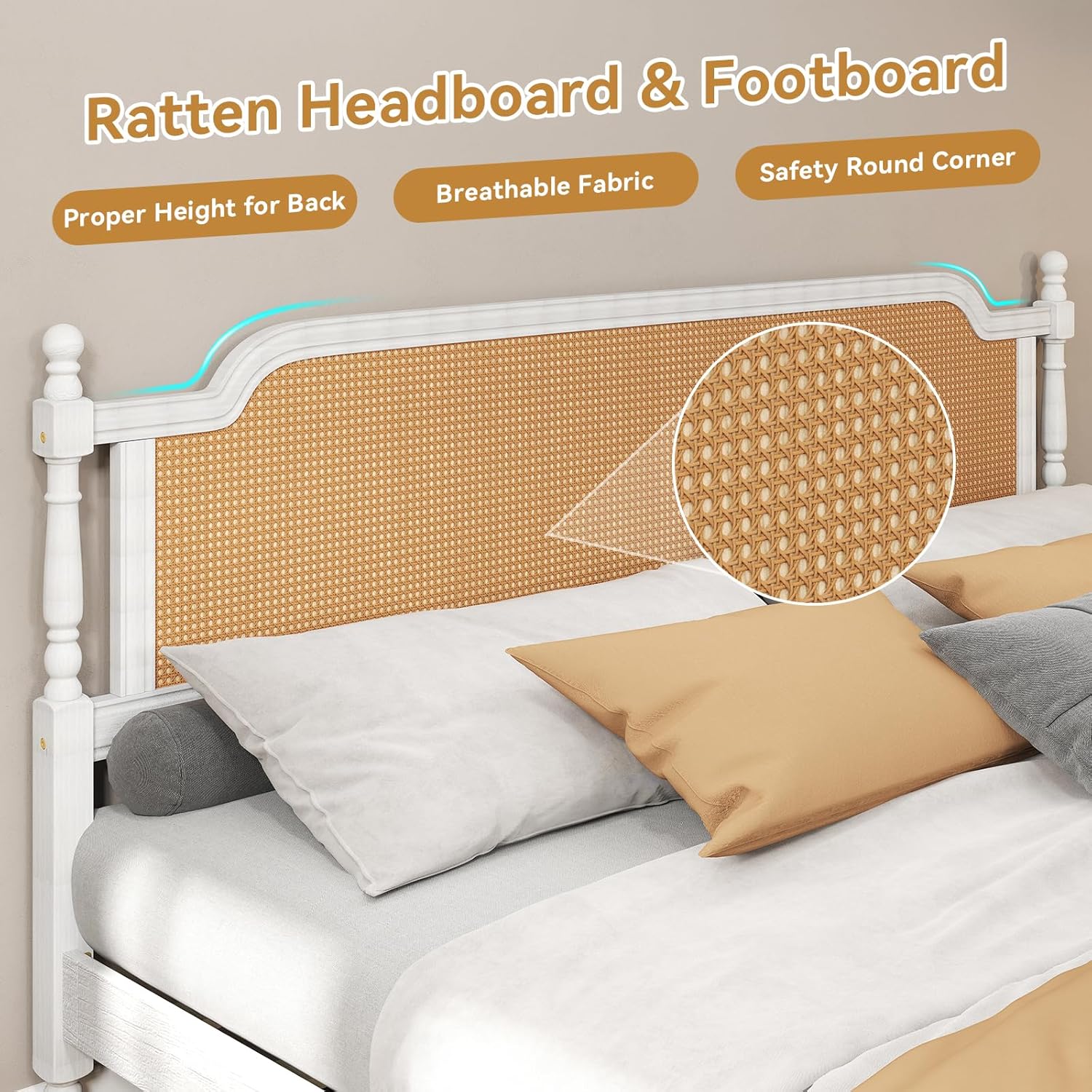 Rattan Queen Bed Frame,King Size Platform Bed Frame with Natural Headboard and Footboard, Boho and Mid Century Style, Solid Pine Wood,No Box Spring Needed, Easy Assembly, Antique White - Image 8