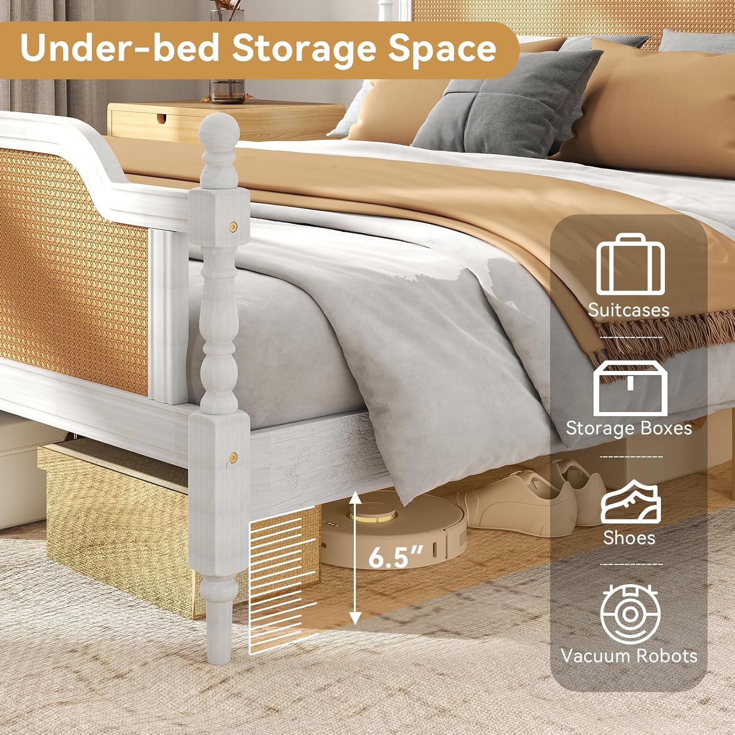 Rattan Queen Bed Frame,King Size Platform Bed Frame with Natural Headboard and Footboard, Boho and Mid Century Style, Solid Pine Wood,No Box Spring Needed, Easy Assembly, Antique White - Image 7