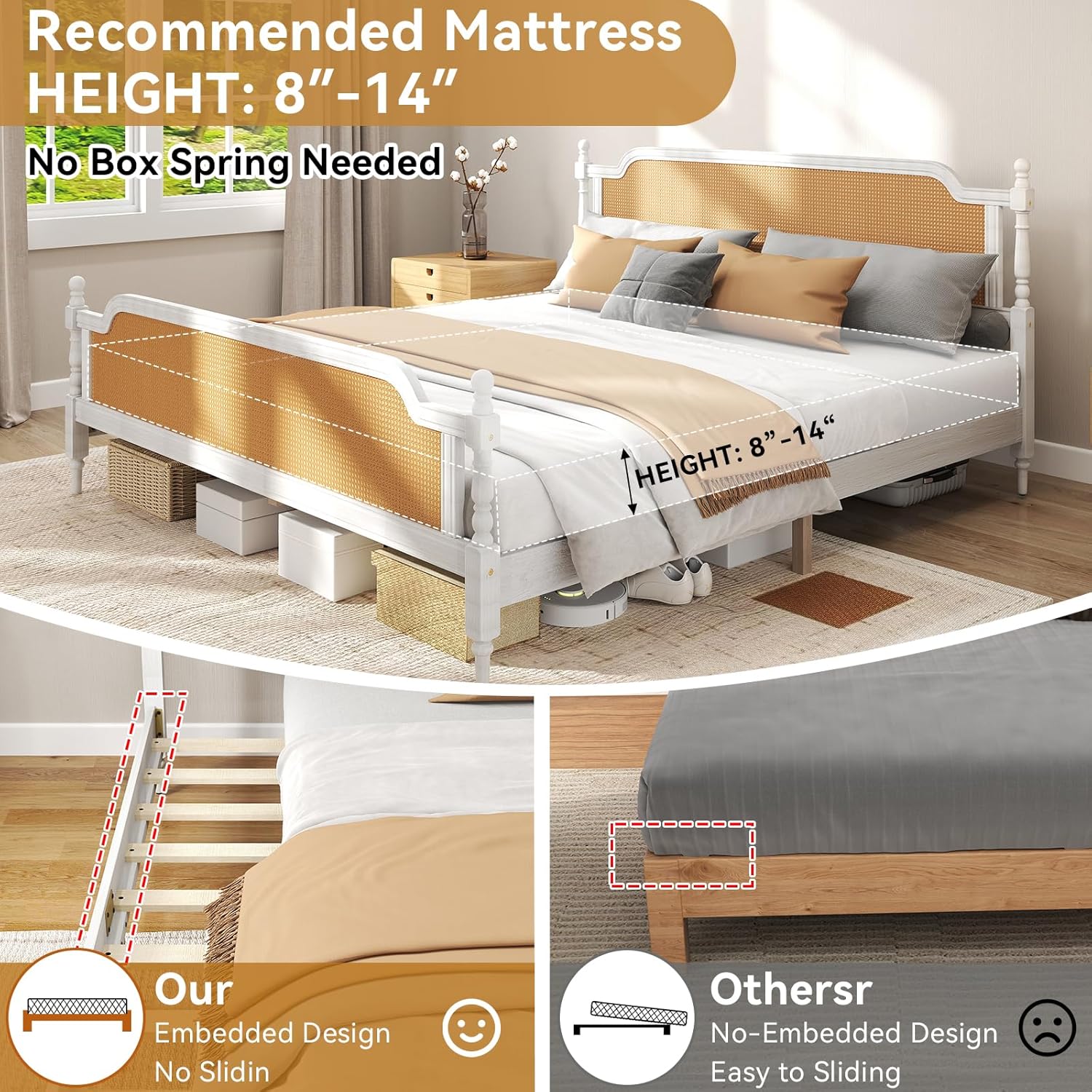 Rattan Queen Bed Frame,King Size Platform Bed Frame with Natural Headboard and Footboard, Boho and Mid Century Style, Solid Pine Wood,No Box Spring Needed, Easy Assembly, Antique White - Image 6