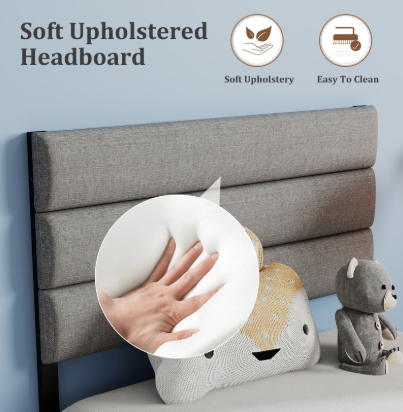 Twin Size Modern Upholstered Bed Frame with Headboard, No Box Spring Needed, Underbed Storage, Gray - Image 3