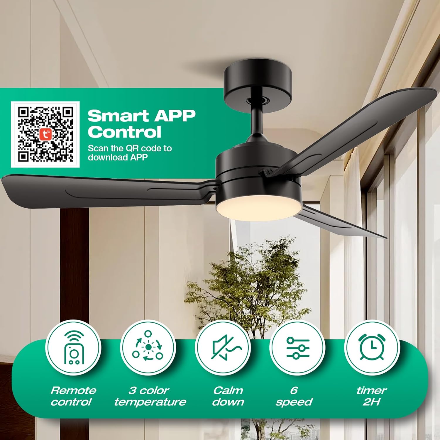 36" Ceiling Fans with Lights,Ceiling Fans with Light and Remote,3000K-6500K, Dimmable,6 Speeds,Black - Image 2