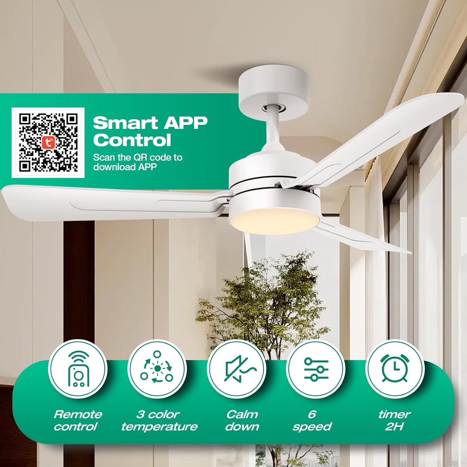 36" Ceiling Fans with Lights,Ceiling Fans with Light and Remote,3000K-6500K, Dimmable,6 Speeds,White. - Image 2