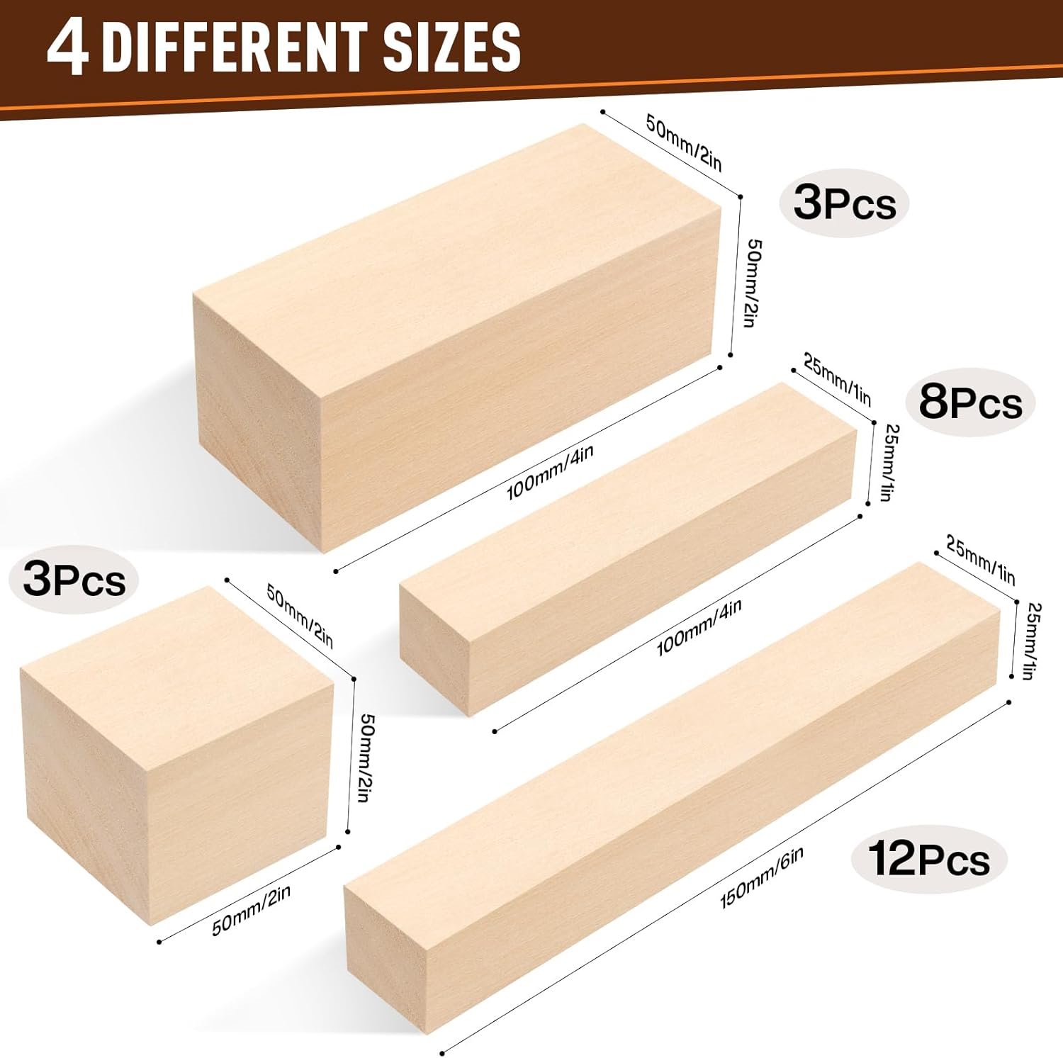 26PCS Basswood Carving Blocks, Whittling Wood Blocks, Woods Carving Kit with 4 Different Sizes, Easy to Use for Wood Carving and Woods Crafts, for Kids and Adults - Image 3
