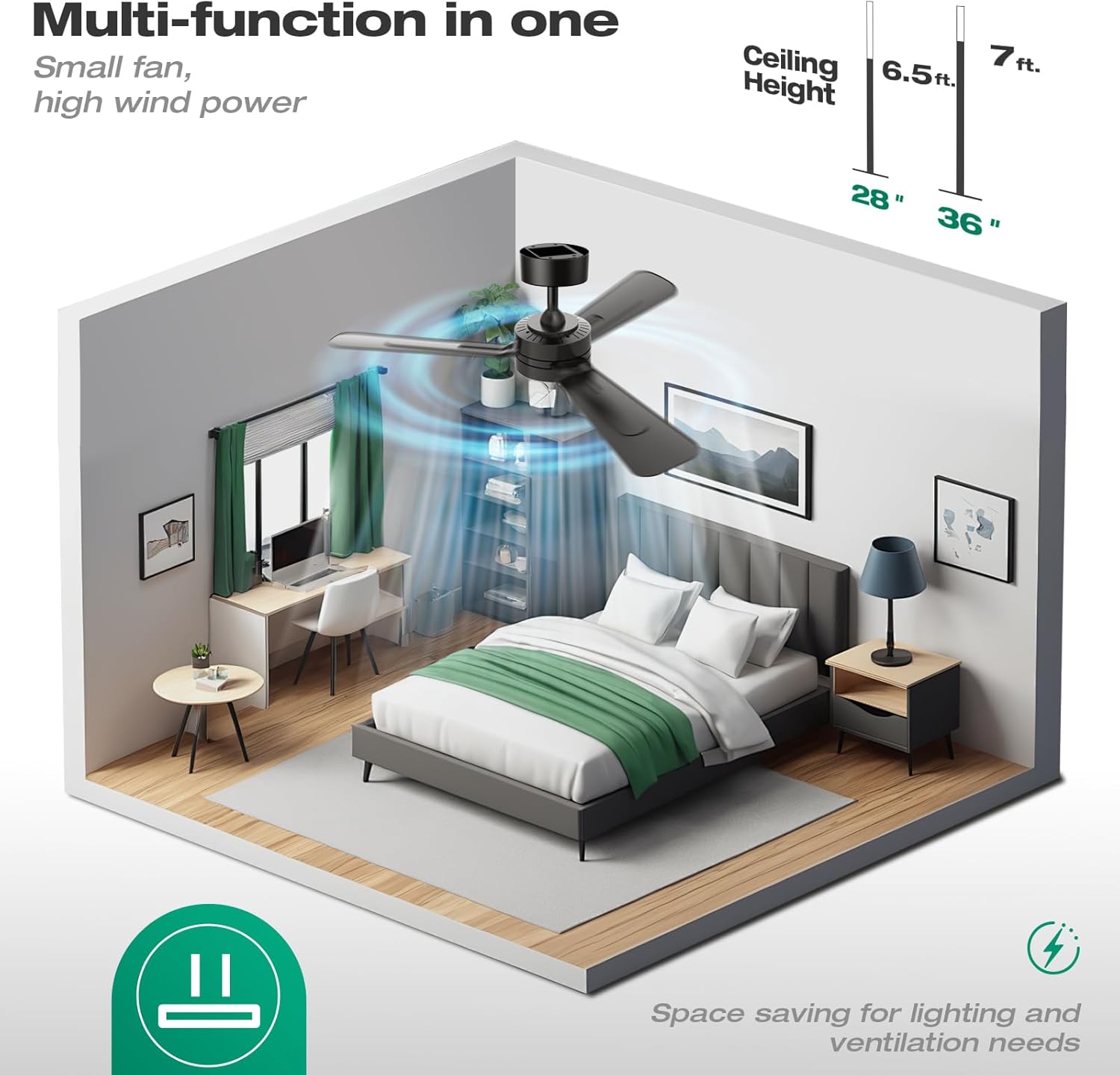 36" Ceiling Fans with Lights,Ceiling Fans with Light and Remote,3000K-6500K, Dimmable,6 Speeds,Black - Image 7