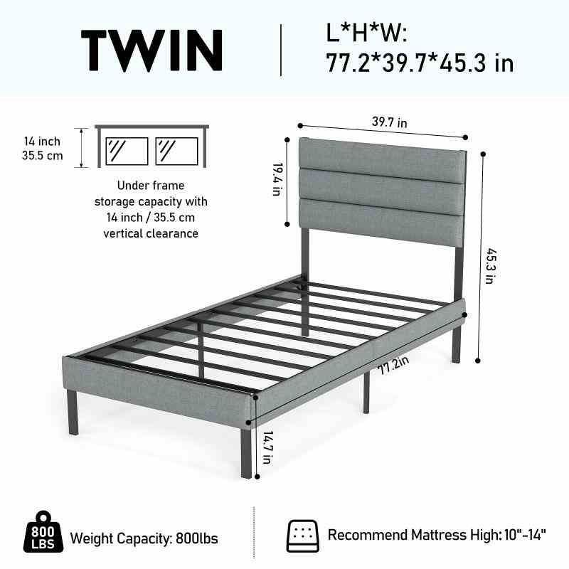 Twin Size Modern Upholstered Bed Frame with Headboard, No Box Spring Needed, Underbed Storage, Gray - Image 2