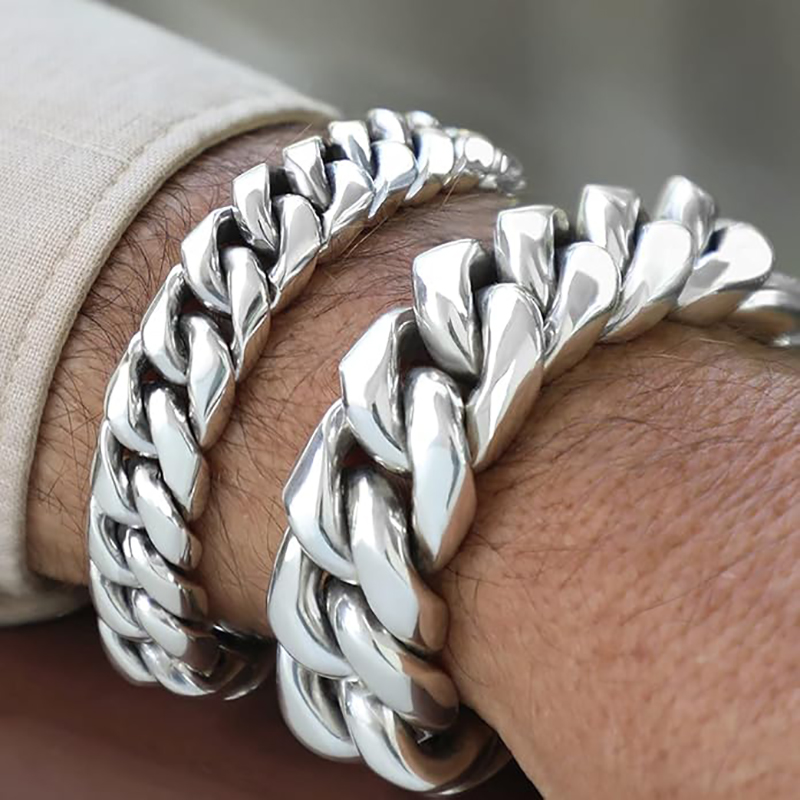 Stainless Steel Bracelet Set, Heavy Duty Cuban Link & Motorcycle Chain Bangle, Punk Rock Hip Hop Jewelry Gift - Image 2