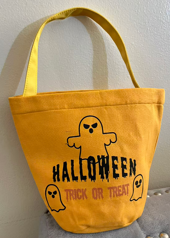 Halloween Trick or Treat Bags for Kids, Reusable Fabric Candy Buckets with Handles, Yellow Ghost & Black Bat Devil Tote Bags for Holiday Party - Image 2