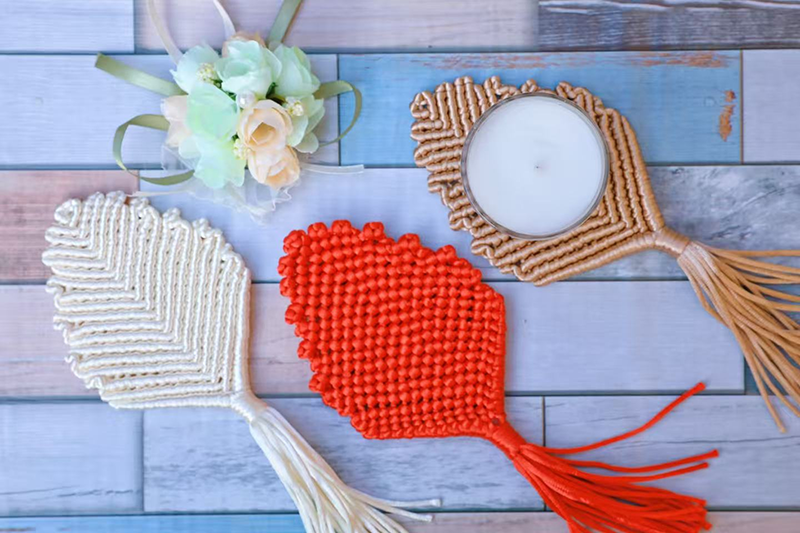 3-Pack Handmade Macrame Coasters Set, Boho Woven Cup Mats & Wall Decor, Colorful Star & Leaf Pattern for Home & Coffee Bar - Image 2