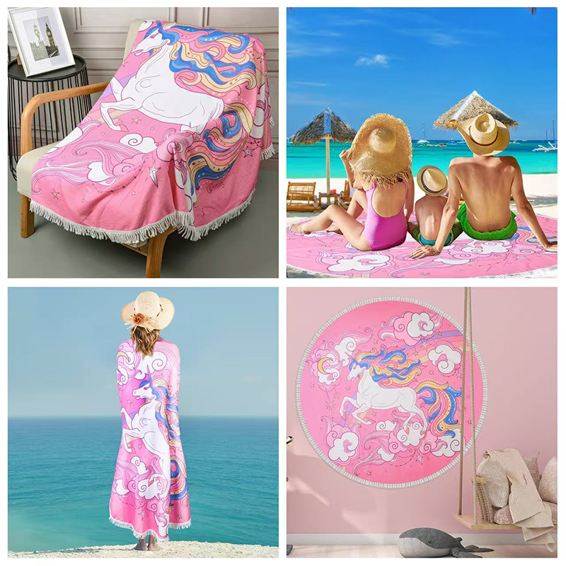 Round Unicorn Beach Towel with Tassels, Large Microfiber Mandala Sandproof Beach Blanket, Designer Hand-Drawn Magic Unicorn Bath Towel - Image 2