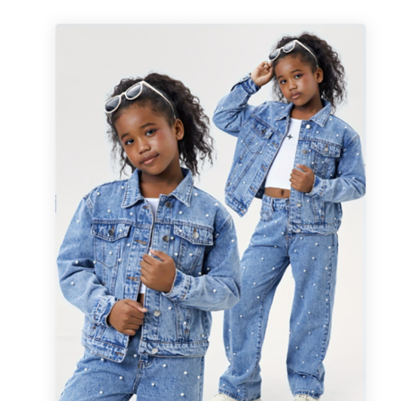 Trendy Girls' Denim Collection - Embroidered Straight Jeans / Pearl Denim Jacket / 2-Piece Sets - Multiple Styles - Image 2