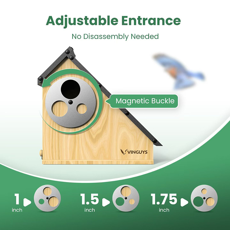 3-in-1 Wooden Bird House with Adjustable Entrance (1/1.5/1.75 inch) - Metal Roof Outdoor Birdhouse for Bluebird, Finch & Wren - Wholesale Liquidation Special. - Image 4