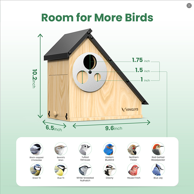 3-in-1 Wooden Bird House with Adjustable Entrance (1/1.5/1.75 inch) - Metal Roof Outdoor Birdhouse for Bluebird, Finch & Wren - Wholesale Liquidation Special. - Image 2